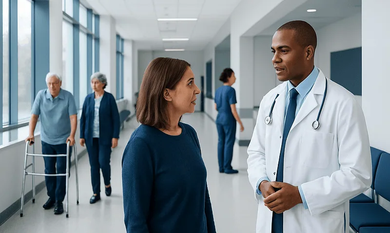 Health Library 1 Doctor consulting with a female patient in a hospital corridor.
