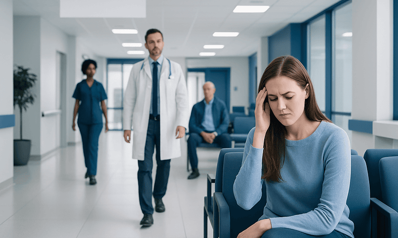 Young woman with headache in hospital waiting area with medical staff nearby.