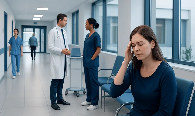 Patient with headache in hospital corridor at Acibadem Hospitals Group.