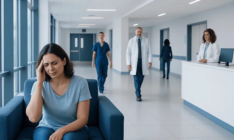 Woman with headache in hospital corridor with medical staff nearby.