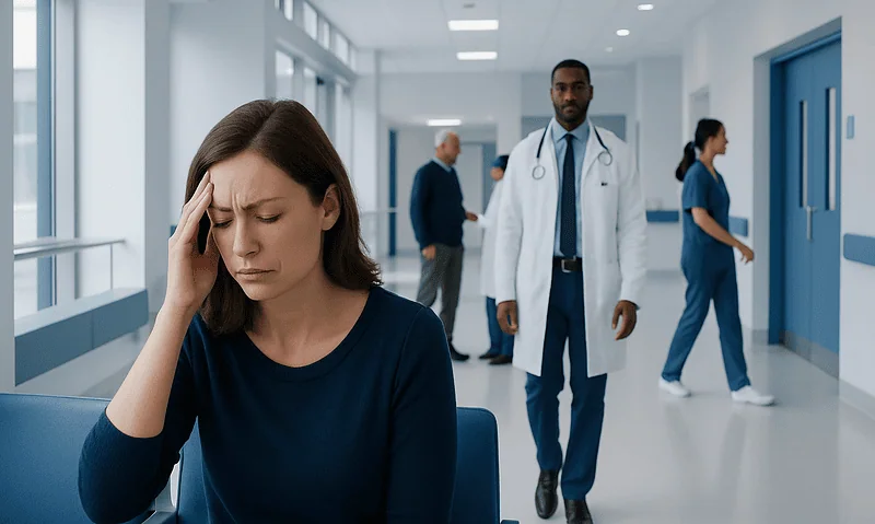 Woman with headache in hospital waiting area with medical staff in background.