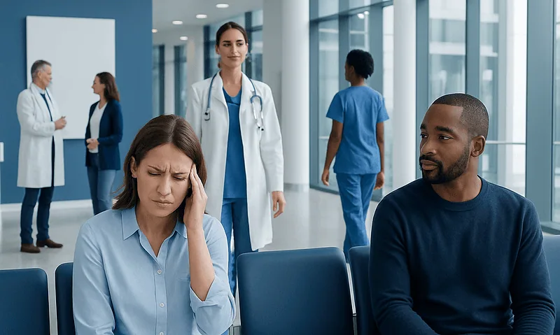 Patient with headache in hospital waiting area with medical staff nearby.