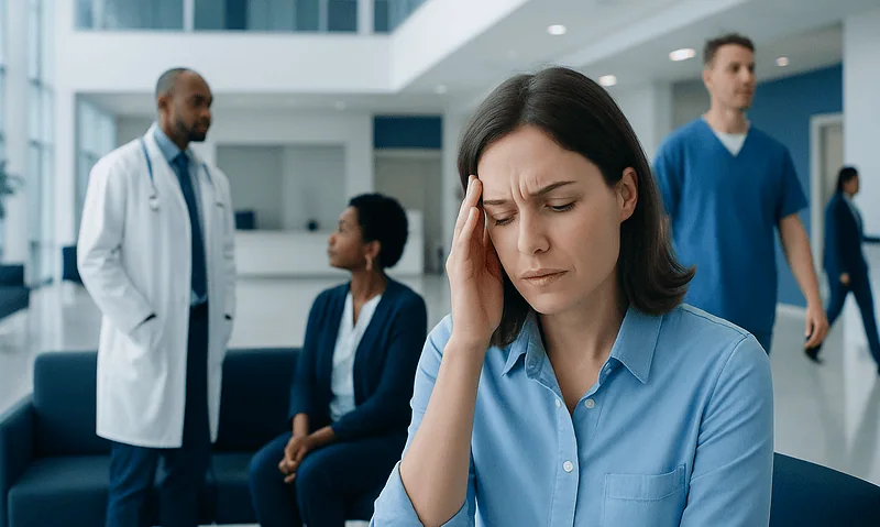 Woman with headache in hospital waiting area with medical staff nearby.