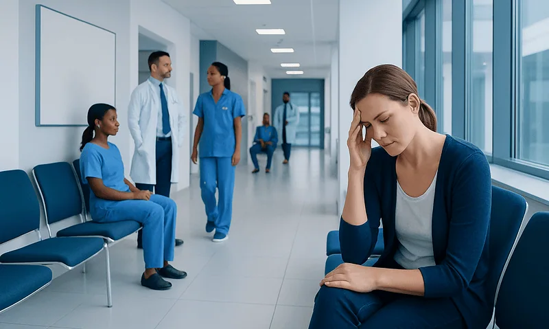 Young woman with headache in hospital corridor with medical staff nearby.