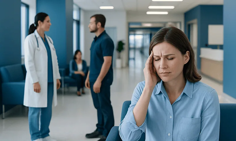 Woman with headache in hospital waiting area, doctor and patient in background.