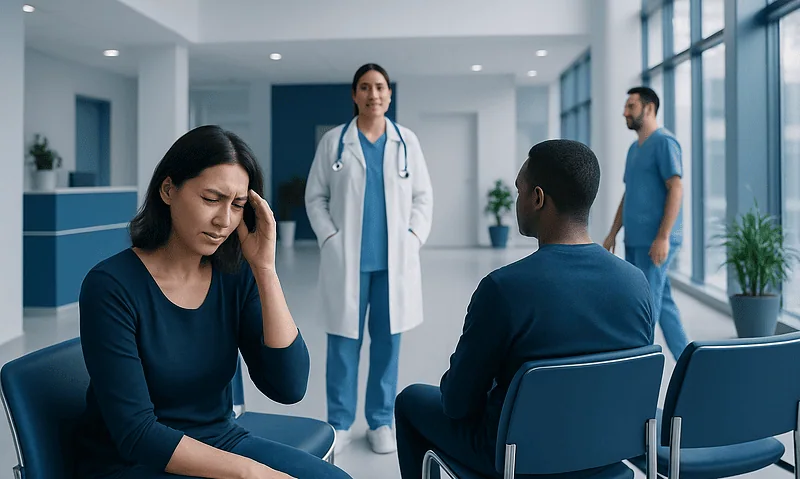 Patient experiencing headache during medical consultation at hospital.