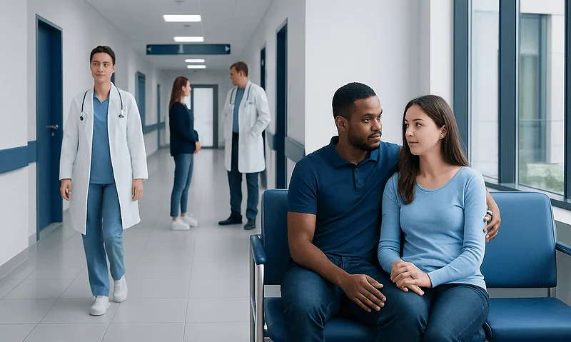 Couple waiting in hospital corridor with medical staff in background.
