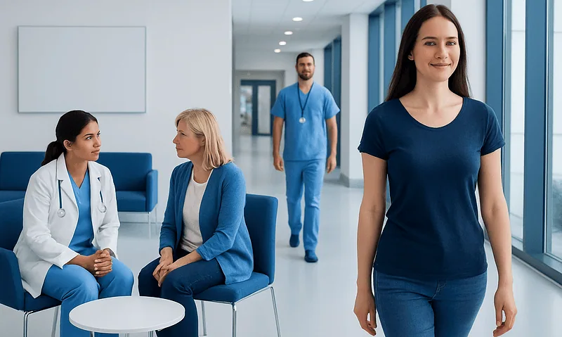 Young woman smiling in hospital corridor with medical staff in background.