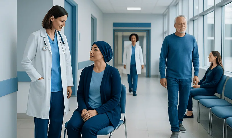 Medical team consulting with a patient in a hospital corridor.
