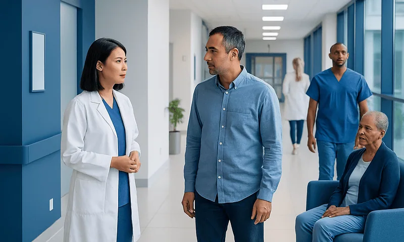 Doctor and patient having a conversation in hospital corridor.