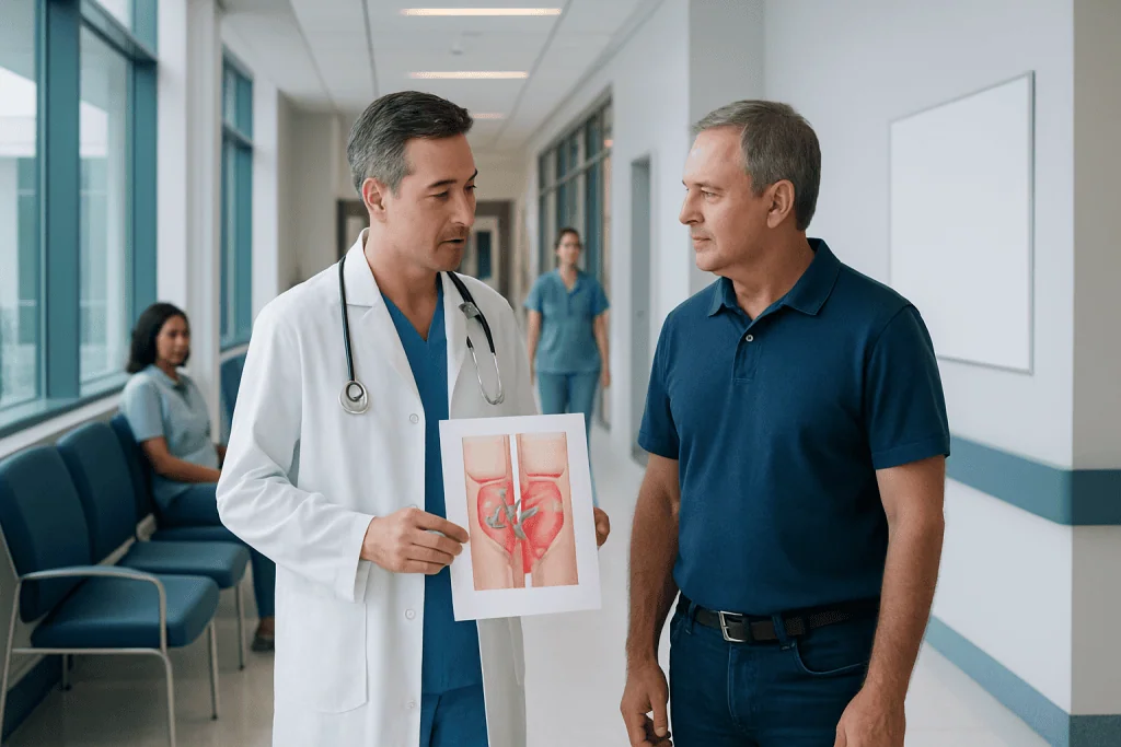 Hernia Repair: Open vs Laparoscopic Surgery Explained 1 Doctor explaining hernia diagram to patient in hospital corridor.