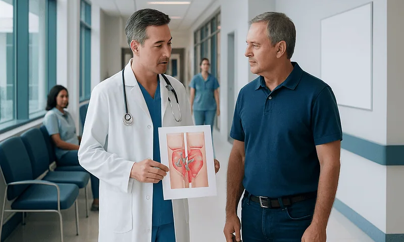 Doctor explaining hernia diagram to patient in hospital corridor.