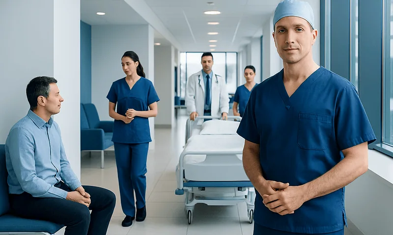 Medical team in hospital corridor preparing for surgery or consultation.