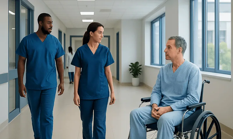 Medical team discussing patient care in hospital corridor.