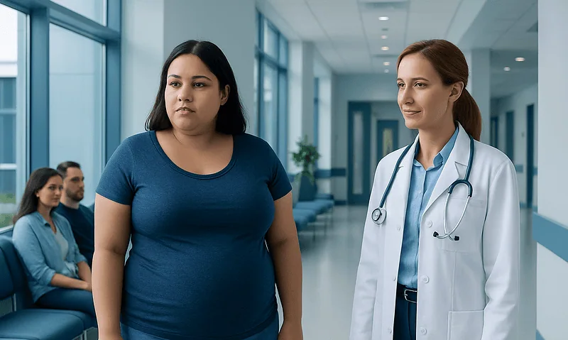 Doctor consulting a woman patient in a hospital corridor.