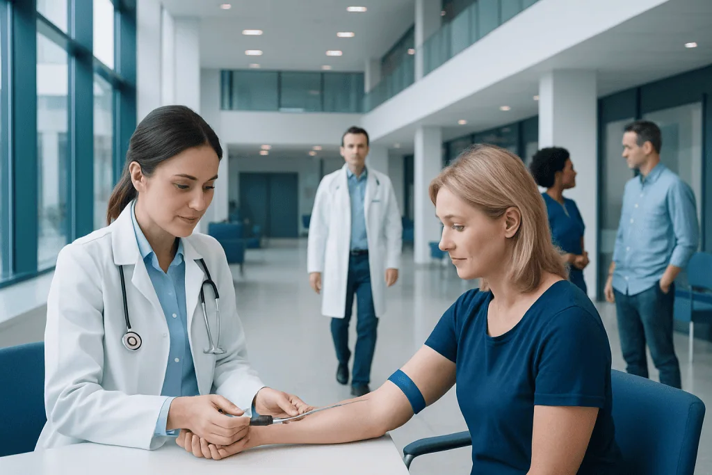 Hormone Blood Tests: Which Ones Doctors Order and How to Prepare 1 Doctor taking blood sample from a patient in a hospital corridor.