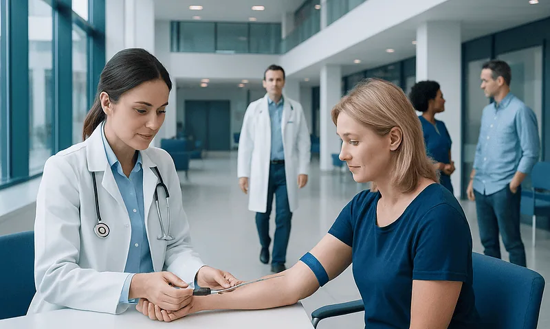 Doctor taking blood sample from a patient in a hospital corridor.