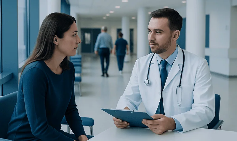 Doctor consulting with a patient in a hospital corridor.