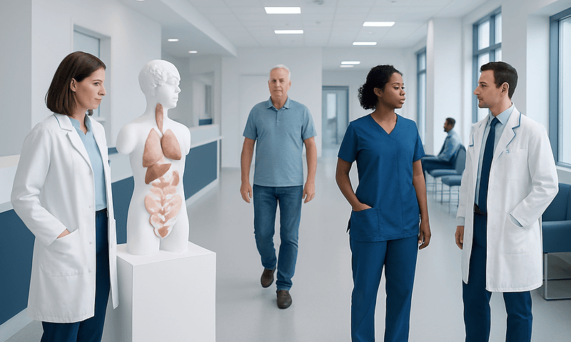 Medical team discussing in hospital corridor with anatomical model of digestive system.