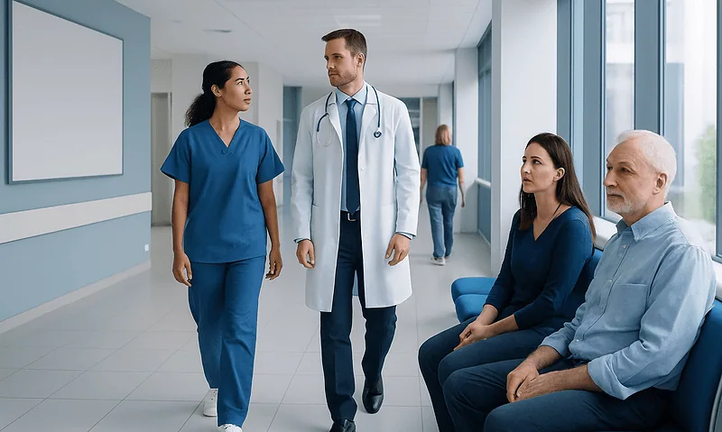 Medical team consulting with patients in hospital corridor at Acibadem Hospitals Group.