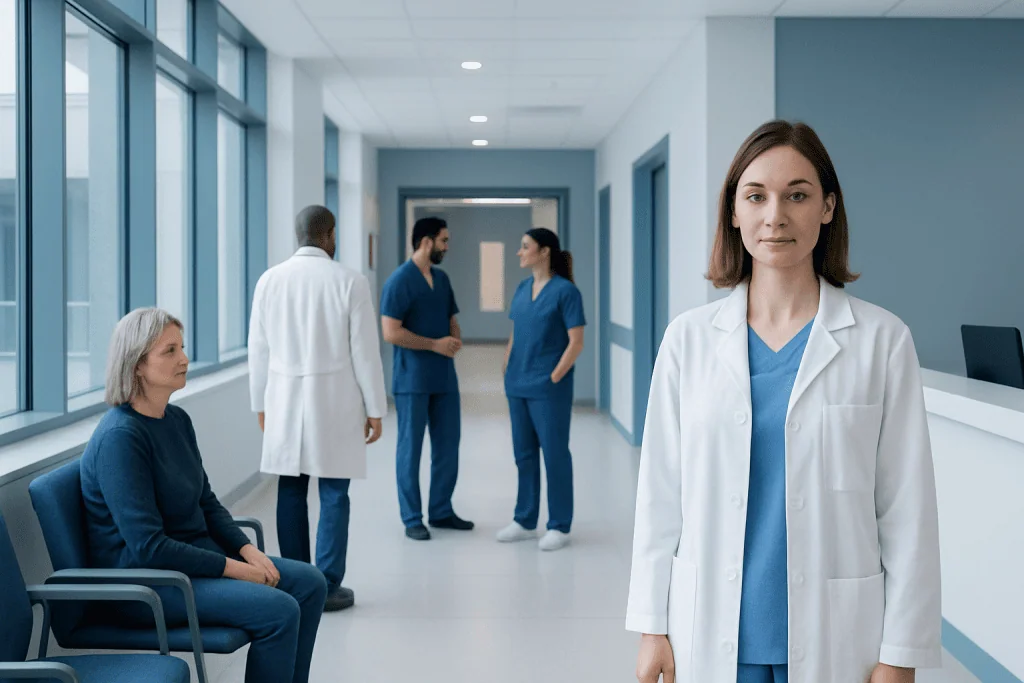 How Hormones Work: From Gland Release to Target Organ Response 1 Healthcare professionals and patient in a hospital corridor.