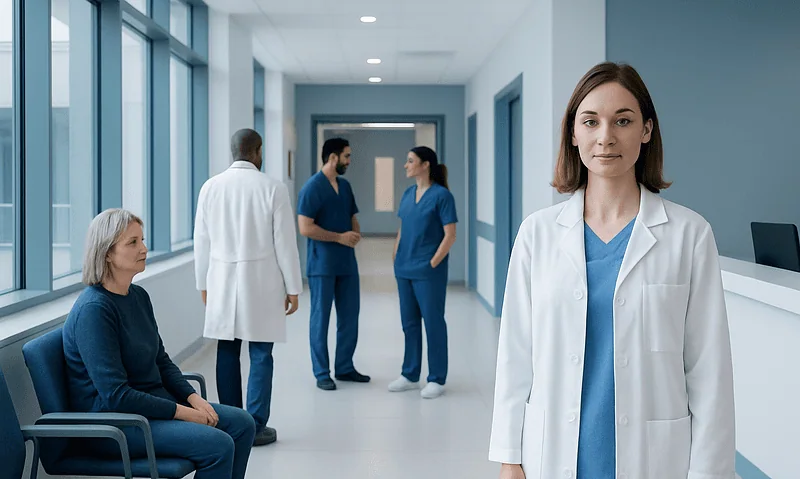 Healthcare professionals and patient in a hospital corridor.