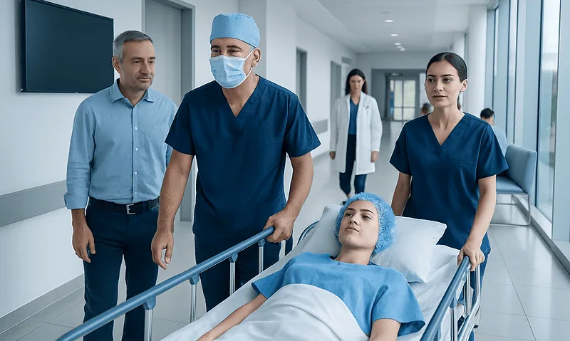 Medical team preparing a patient for brain surgery at Acibadem Hospital in Turkey.