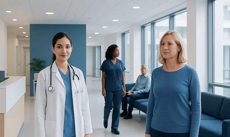 Medical consultation in a hospital with healthcare professionals and patient.