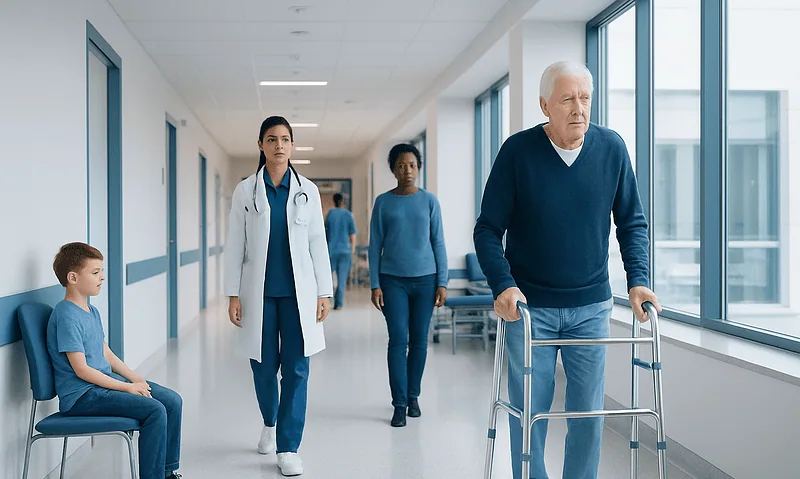 Elderly man with walker in hospital corridor with medical staff and patient.