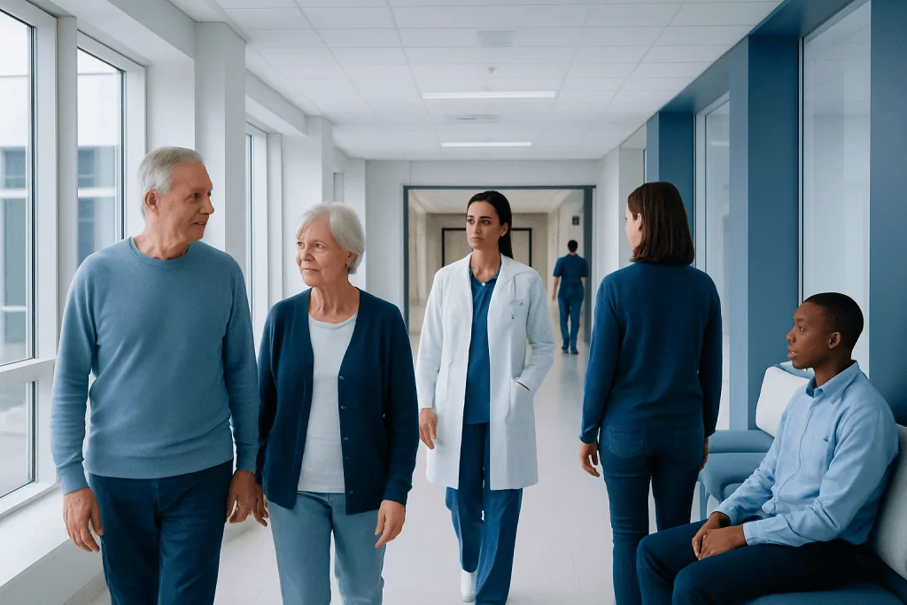 Human Lifespan: Is There a Natural Limit to How Long We Can Live? 1 Healthcare professionals and elderly patients in a hospital corridor.