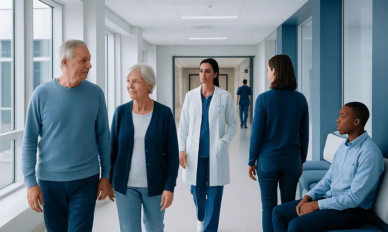 Healthcare professionals and elderly patients in a hospital corridor.