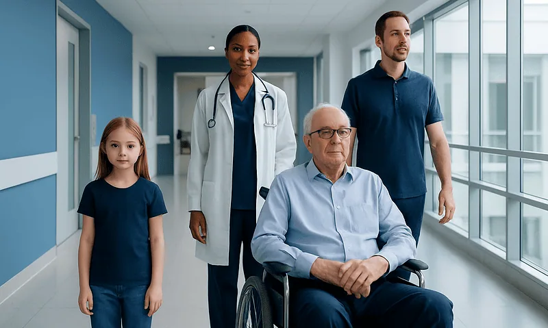 Diverse medical team with elderly patient in hospital corridor.