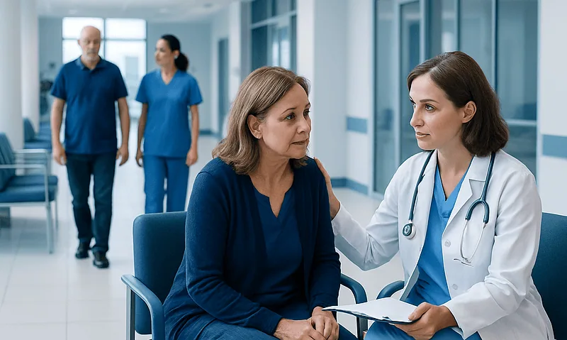 Doctor consulting with a patient in a hospital corridor.