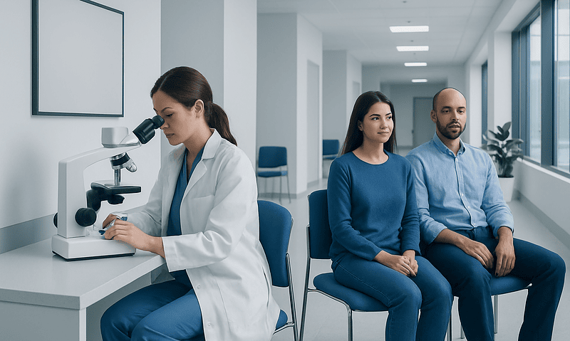 Fertility specialist examines a sample in a modern clinic setting.