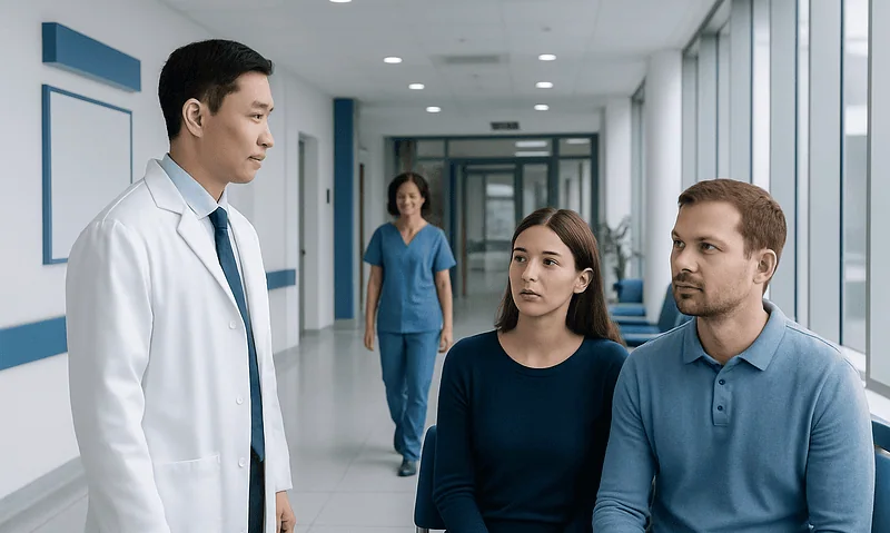Doctor consulting with a couple in a hospital corridor.