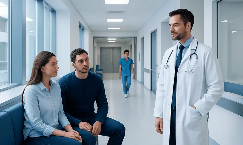 Doctor consulting with patients in a hospital corridor.