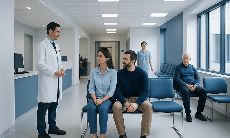 Patients waiting in a modern hospital corridor for consultation.