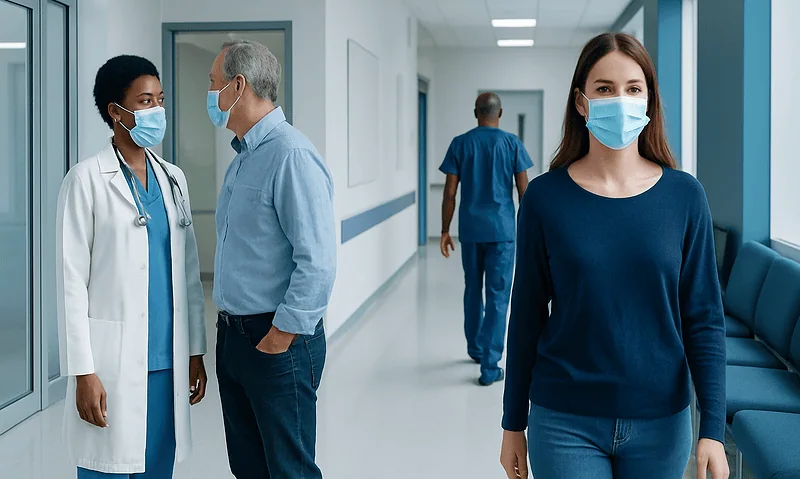 Healthcare professionals and patient in hospital corridor wearing masks.