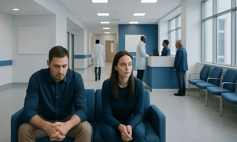 Patients waiting in a hospital corridor for medical consultation.