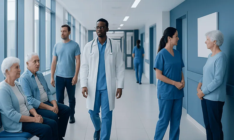 Healthcare professionals and patients in a hospital corridor.