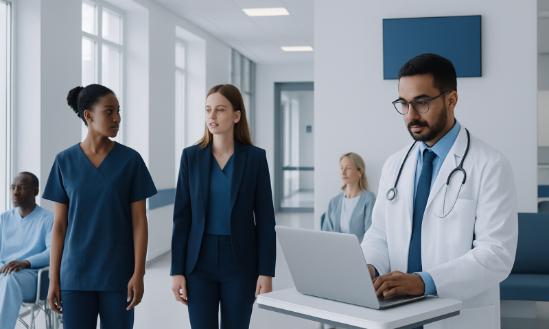 What Is Information Technology? A Patient-Friendly Guide to Digital Health Tools 16 Medical professionals and patients in a hospital corridor with a doctor using a laptop.