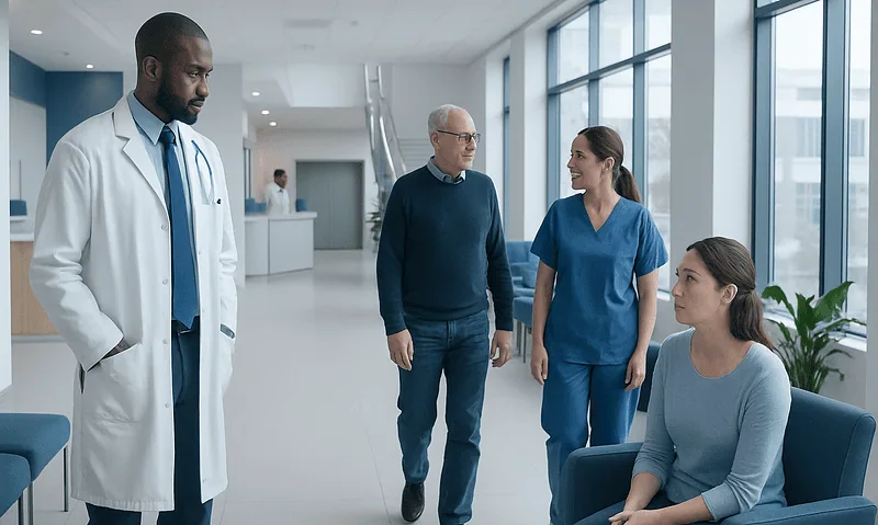 Medical team discussing patient care in a modern hospital lobby.