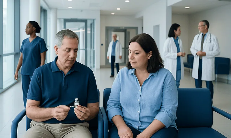 Patient receiving insulin injection in a hospital waiting area.