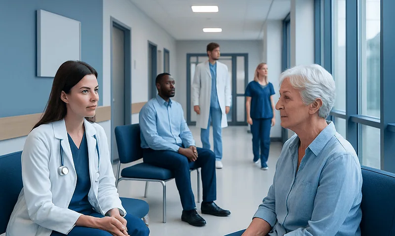 Medical consultation in hospital corridor with healthcare professionals and patient.
