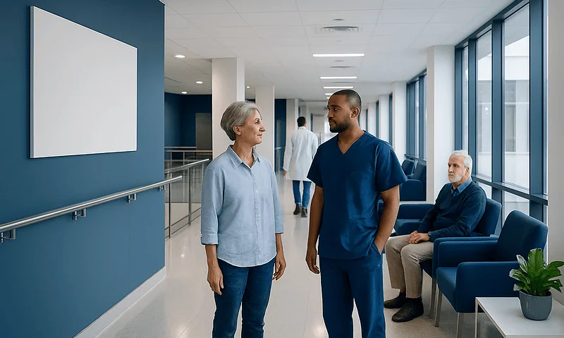 Hospital corridor with elderly patient and nurse in conversation.