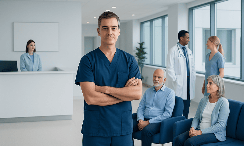 Healthcare professional in a hospital waiting area with patients and staff.