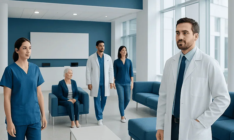 Medical team in a modern hospital waiting area with large windows.