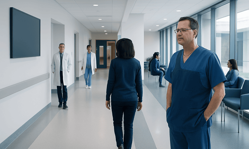Healthcare professionals and patients in a modern hospital corridor.