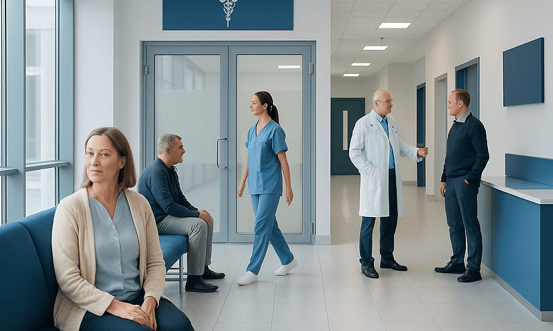 Modern hospital corridor with medical staff and patients at Acibadem Hospitals Group.