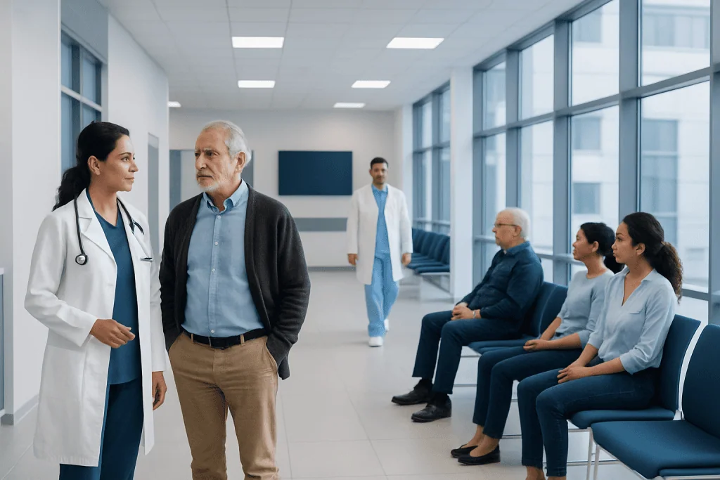 What Is Interventional Neurology? Procedures, Conditions, and How It Helps 1 Medical team consulting patients in a hospital corridor.